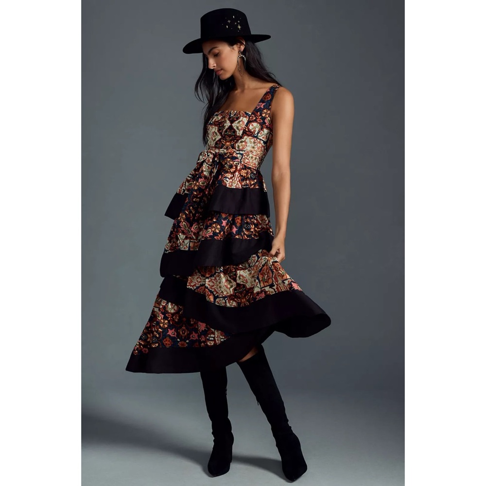 Anthropologie Black and Multicolor Midi Dress